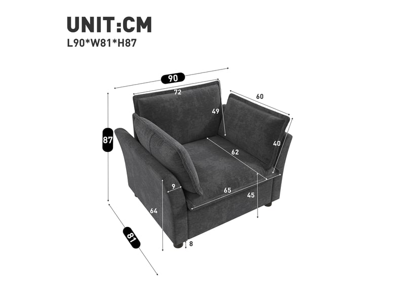 Fauteuil lounge avec accoudoirs ergonomiques et 2 coussins, assise confortable en chenille gris, 90 × 81 × 87 cm - Conforama D