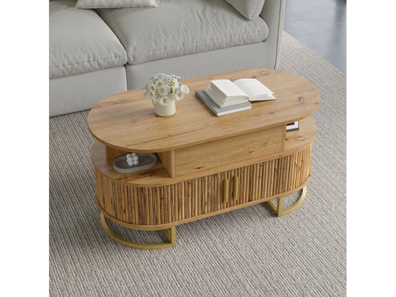  Table basse ovale relevable en mdf, rangement dissimulé et portes coulissantes, idéale pour le salon  - Conforama E