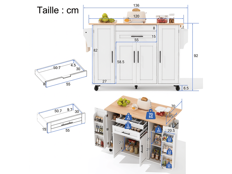  Îlot de cuisine sur roulettes avec plan de travail extensible 136cm  - Conforama E