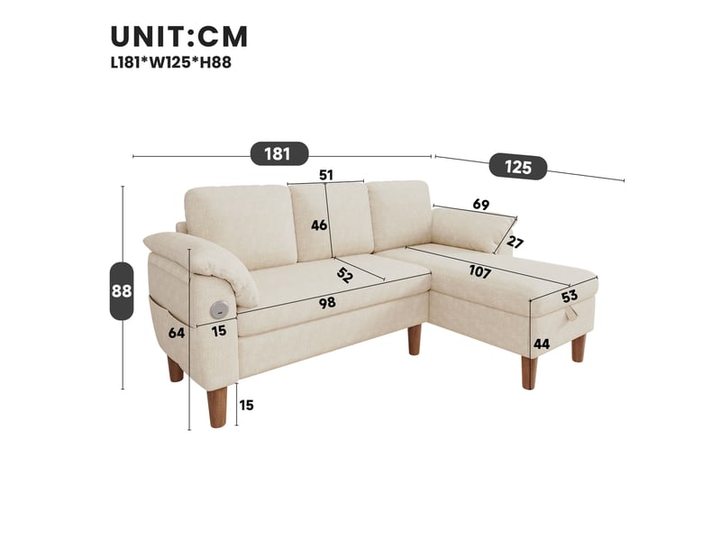 Canapé d'angle xxl 3 places 181x125 cm avec méridienne réversible, rangement intégré, usb et usb-c, tissu chenille - beige OPULERANE TRADING LTD - Conforama D