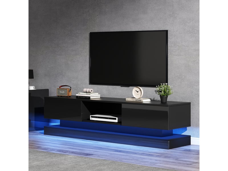  Meuble tv moderne brillant led 160 x 35 x 40,5cm,commode tv élégante avec 2 tiroirs,contrôle du app,anti-basculement,noir  - Conforama B