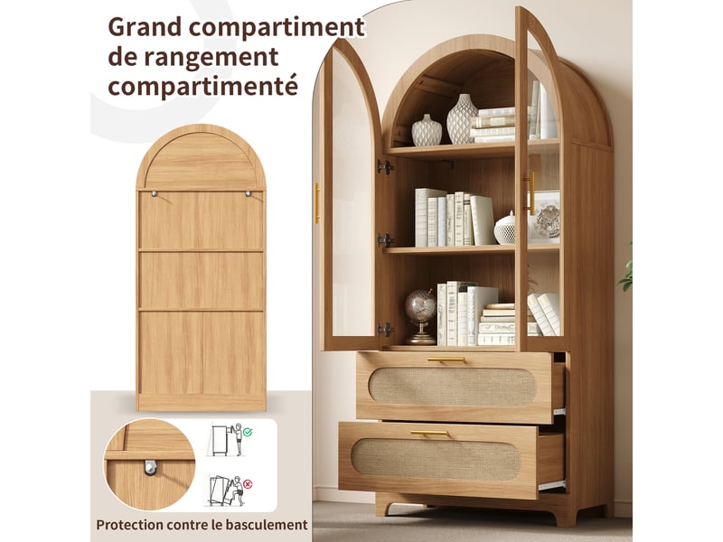  Lot de 2 vitrines 80x40x175 cm, bibliothèque avec portes vitrées, 2 tiroirs, étagères réglables et arches style montmartre, naturel  - Conforama D