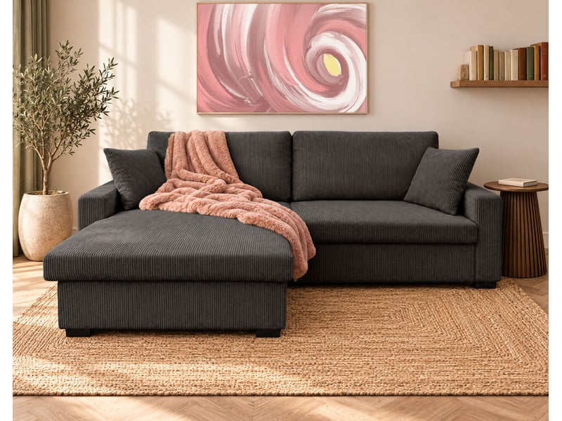  Gisele - canapé d'angle réversible 4 places convertible avec large méridienne et coffre en velours côtelé - best mobilier - gris anthracite GISELE - Conforama B