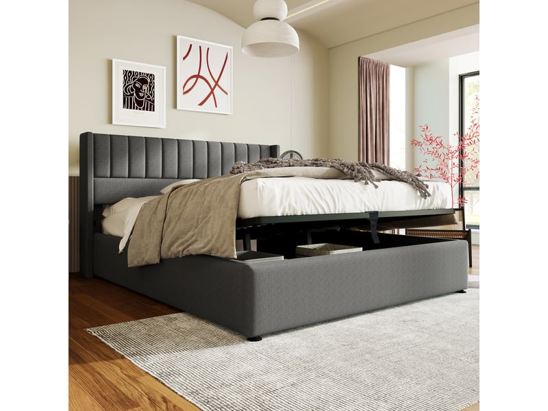 Lit coffre 160x200 cm en lin avec tête de lit à bandes verticales et rangement hydraulique, gris Fay Lum - Conforama B