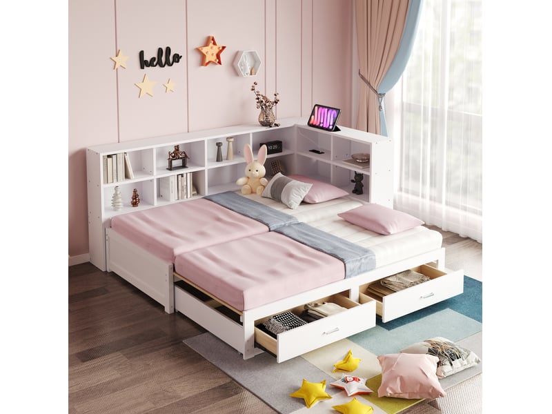Lit banquette 90x190 cm extensible 180x190 cm – blanc – rangements, prise intégrée - sans matelas - Conforama B