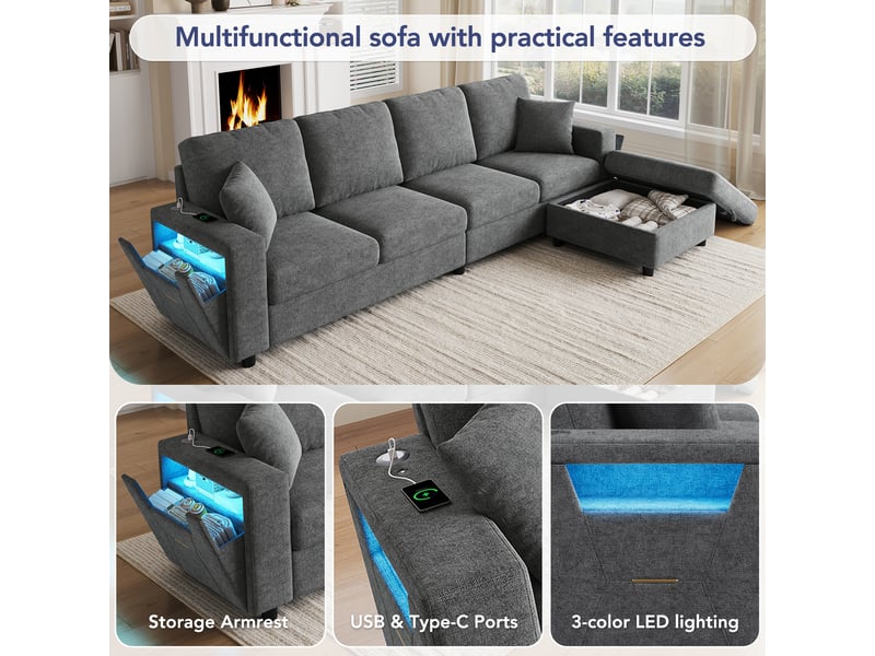 Canapé d'angle 4 places en tissu velours gris, 282×153×82 cm, pouf avec rangement, accoudoir led et ports usb - Conforama E