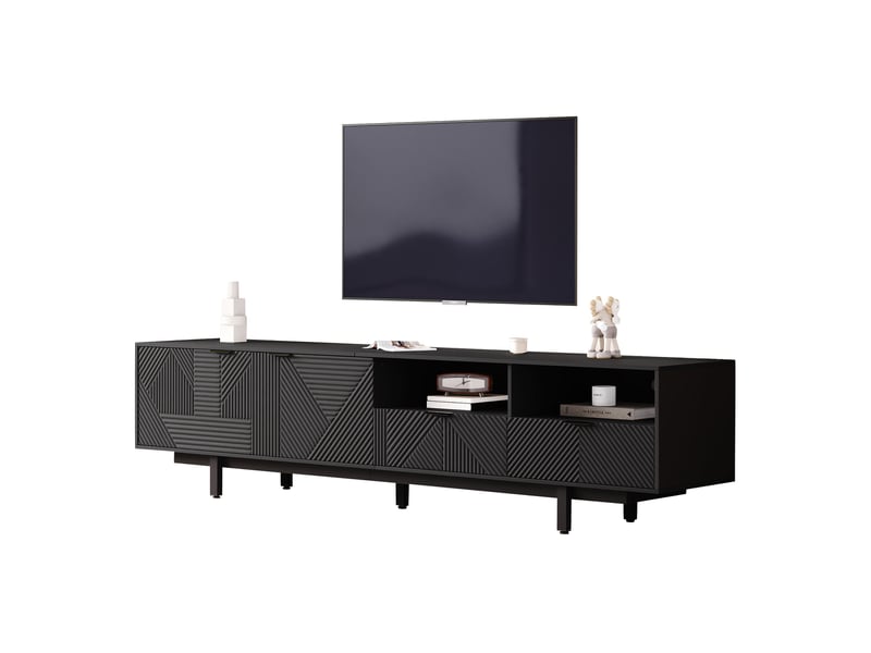  Meuble tv noir 200 x 40 x 51 cm avec rangements, portes, passe-câbles et 5 pieds métal  - Conforama A