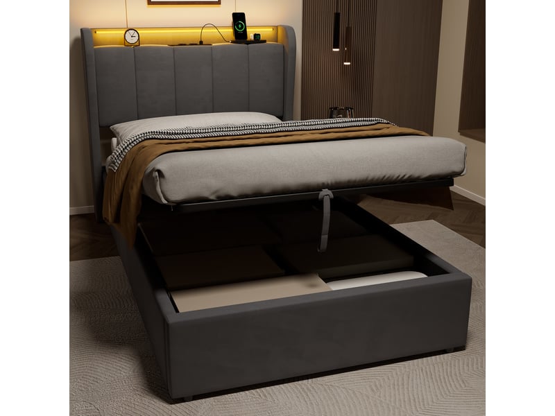  Lit coffre 90x200 avec veilleuse et prise électrique, lit pour adolescents avec de rangement, lit simple, couleur gris foncé, sans matelas  - Conforama D