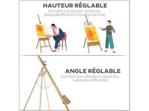 Chevalet de peinture pliant en hêtre avec hauteur et angle réglables, bois naturel, 65x110x180-235 cm