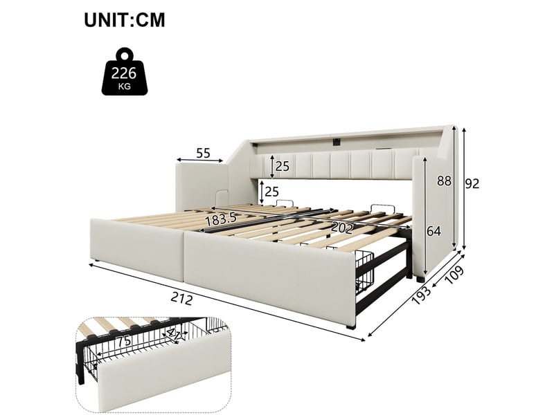  Lit enfant gigogne extensible 90 x 200cm 2 tiroirs usb type‑c led multicolore lin, mdf, beige sans matelas  - Conforama C