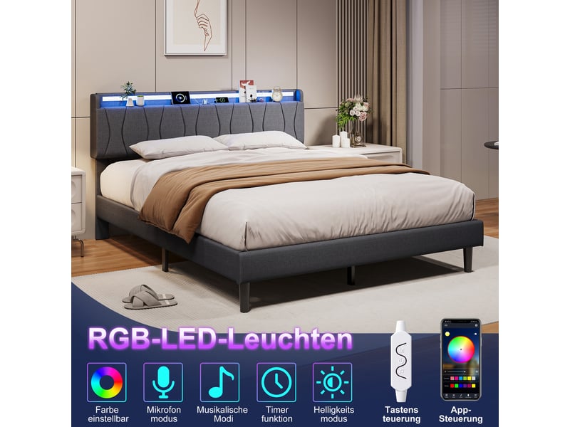  Lit 160x200cm - lit double 160x200cm - lit rembourré en tissu avec tête de lit à étagère, led, usb et prise de charge - gris  - Conforama C