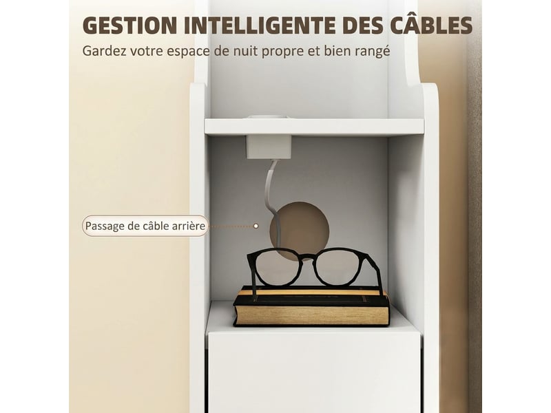  Lot de 2 tables de chevet avec station de charge, tables de nuit modernes avec tiroir, étagères ouvertes, blanc  - Conforama R