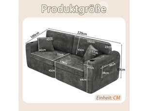 Canapé relax 2 places noir en chenille 220 × 100 × 89 cm, poche latérale, porte-gobelet, coussins et recharge usb