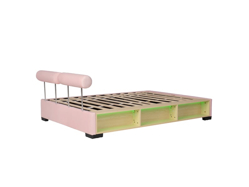  Lit enfant rose capitonné, lit junior avec étagère latérale led, espace de rangement ouvert, têtes de lit modulables et fixables sur 3 côtés, lit bas pour chambre d'enfant, 140 x 200 cm  - Conforama E