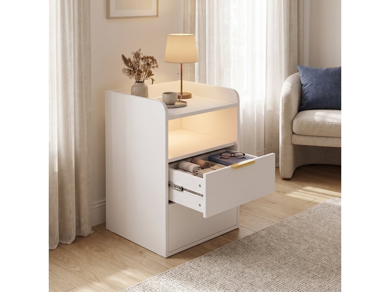  Table de chevet 40x40x60 cm avec station de charge et led, 3 tiroirs de rangement, meuble de chambre en bois, style moderne, blanc  - Conforama D