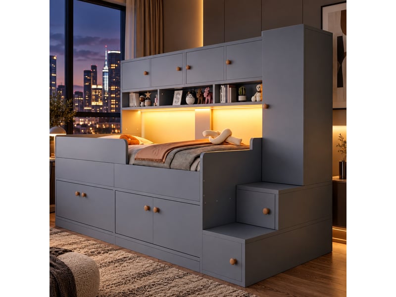  Lit combiné enfant 90x200 cm gris, armoire avec penderie, placards, tiroirs, étagères, escalier de rangement et led LDB00516AAE - Conforama E