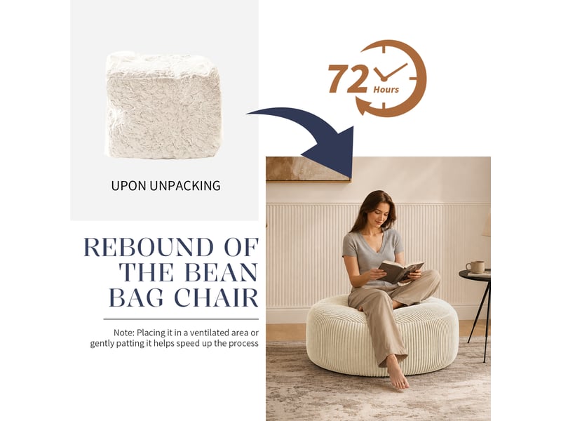  Fauteuil pouf rond avec mousse à mémoire de forme, assise souple pour salon et chambre, en velours côtelé blanc  - Conforama C