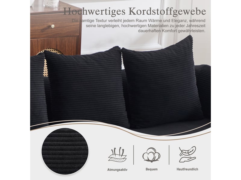 Canapé d'angle convertible 4 places en velours côtelé noir avec hocker, 4 coussins et poche latérale  - Conforama R