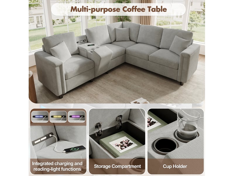  Canapé d'angle tcqpz 5 places 235 x 208 x 83 cm avec rangement usb type-c liseuse chenille gris clair  - Conforama E