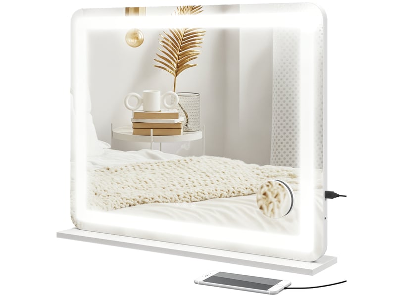  Miroir de maquillage avec éclairage led réglable, grossissement x10, port usb et commandes tactiles, 80 x 62 x 14 cm  - Conforama A