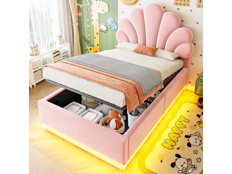  Lit coffre rembourré 90x200 cm coloris rose led velours  - Conforama B