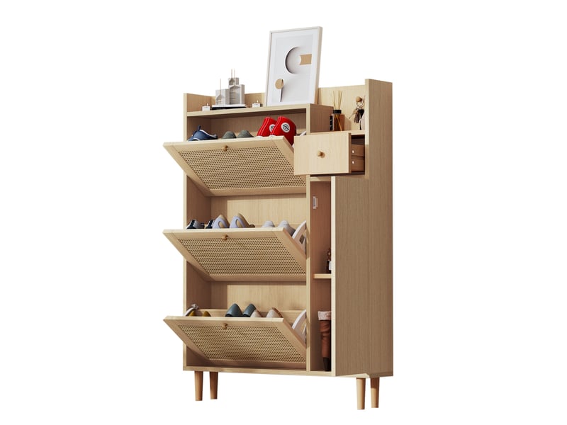 Meuble à chaussures - 90x17x125cm - meuble d'entrée 3 portes abattantes, 1 tiroir, cannage rotin - blanc &amp; bois  - Conforama A