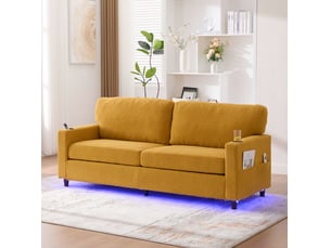 Canapé droit fixe 2 places en tissu jaune moutarde avec led, usb-c et porte-gobelets, idéal pour le salon