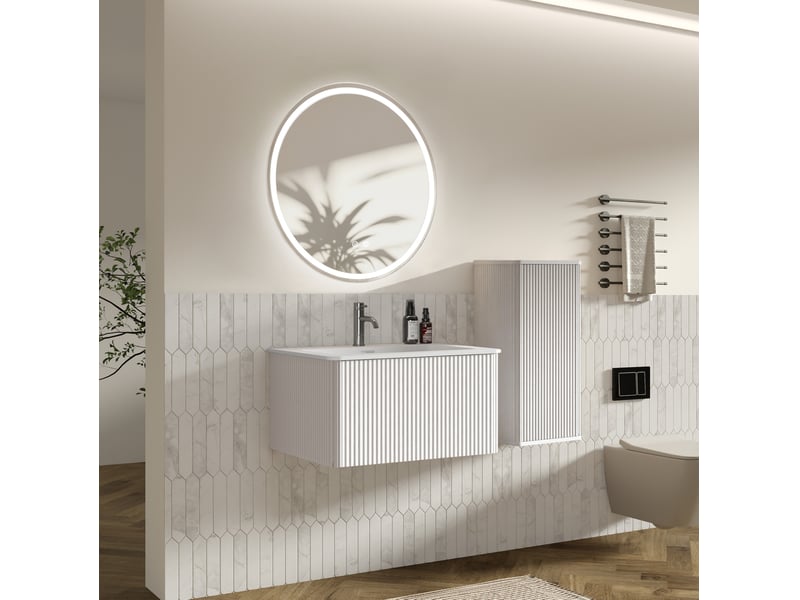  Armoire de salle de bain suspendue avec 1 vasque, miroir led et meuble latéral pour salle de bain, blanc  - Conforama C