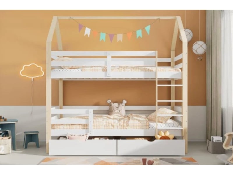 Lit enfant, 90×200 cm, forme maison, avec tiroirs, pin, blanc + couleur bois, sans matelas - Conforama B