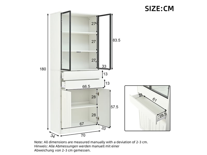  Vitrine led 70 x 34 x 180 cm avec portes vitrées et 2 tiroirs, meuble haut d’exposition et rangement moderne pour salon, cuisine ou bureau, blanc, pour usage quotidien à la maison OPULERANE TRADING LTD - Conforama C