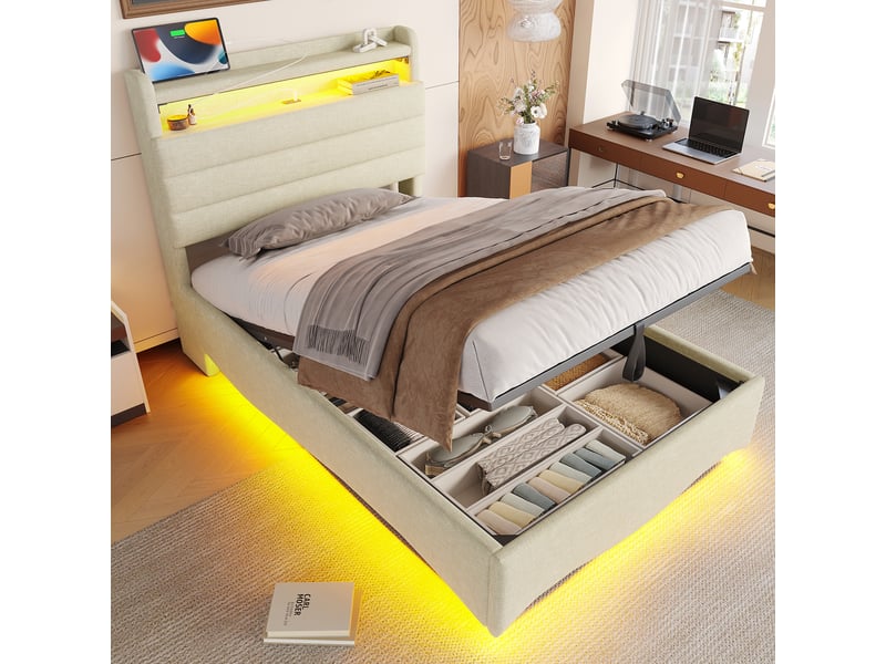  Lit capitonné 90 x 200 cm beige, led, relevage hydraulique, usb et type-c, rangements, sans matelas  - Conforama C