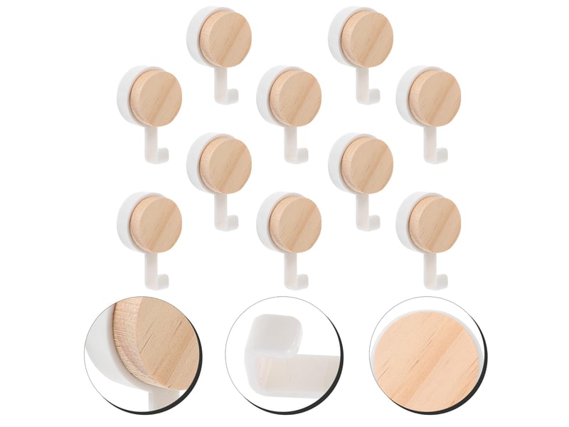 Lot de 10 crochets adhésifs en bois à tête ronde - muraux autocollants pour suspendre manteaux, sacs, parapluies, blanc - Conforama C