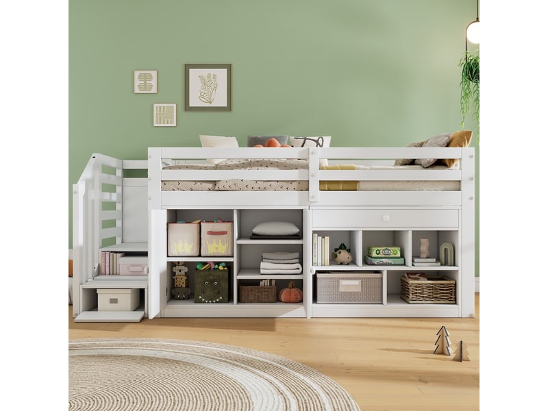  Lit enfant multifonction 90x200 blanc avec escalier et rangement - tiroirs convertibles en bureau  - Conforama B