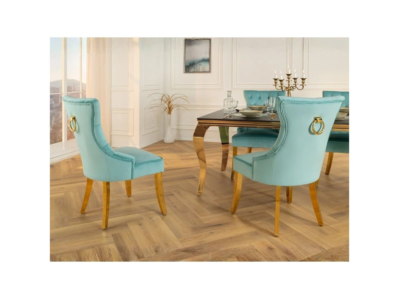Lot de 2 chaises chesterfield regina bleu turquoise en velours capitonné – anneau et pieds dorés - Conforama E