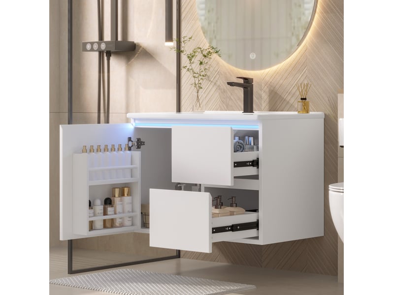 Meuble rangement suspendu salle de bain 76x46x50 cm vasque ceramique led blanc homvra - Conforama C