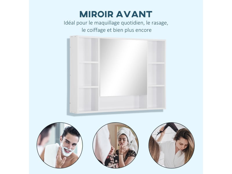 Armoire murale salle de bain avec miroir, meuble salle de bain, blanc, 7 étagères ouvertes et placard,100 x 15 x 70 cm - Conforama W