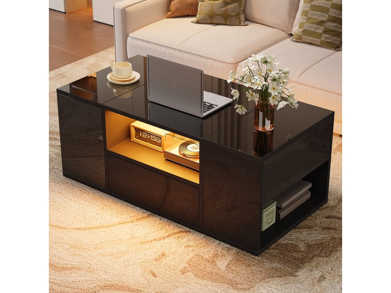  Table basse noire brillante avec led, table de salon avec rangements, 1 tiroir et 2 compartiments, 100x50x40 cm  - Conforama E