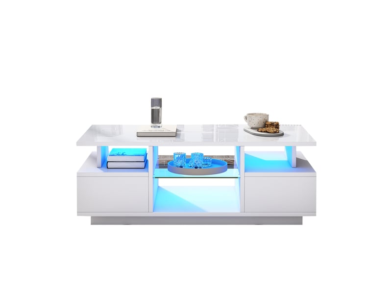  Table basse blanche brillante avec led 2 tiroirs 100x50x36 cm - rangement ouvert en verre  - Conforama A