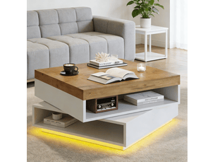 Table basse carrée avec plateau pivotant à 360° et led, avec espace de rangement, pour salon, 65 × 65 × 40 cm
