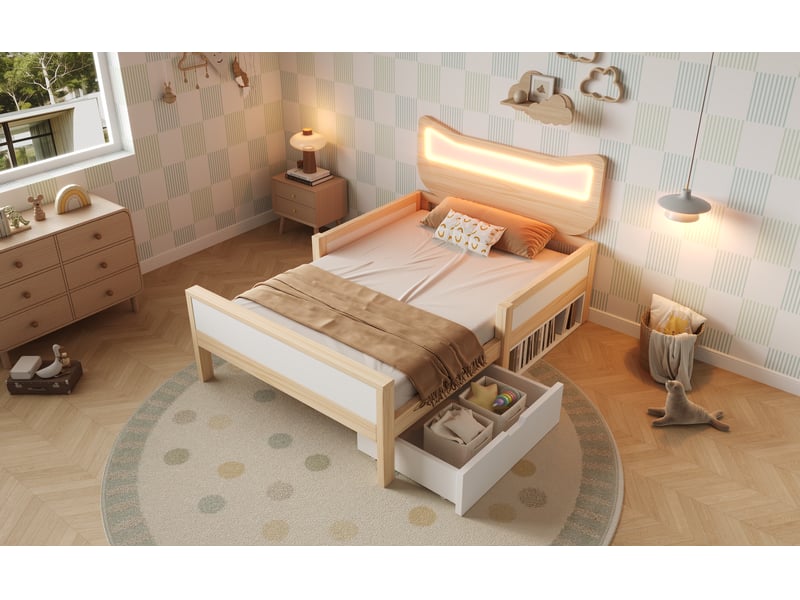  Lit simple enfant 90 x 190 cm avec tête de lit en forme d'oreilles de chat, éclairage led, tiroir réversible et barrières, bois, blanc Morn Vibe - Conforama C