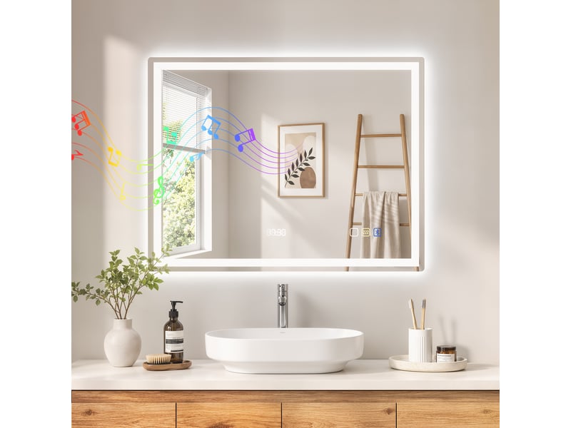  Miroir salle de bain led bluetooth 90 x 70 cm interrupteur tactile lumière réglable 3 couleurs anti-buée mémoire argent  - Conforama D