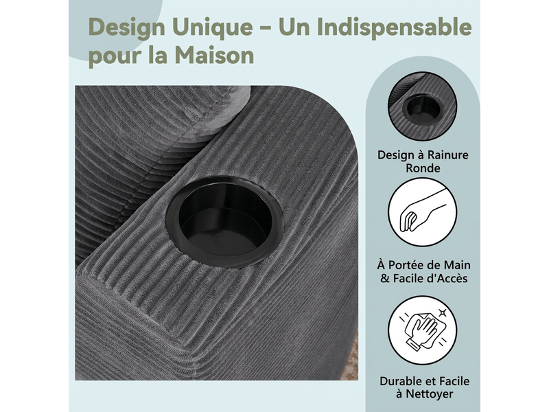  Canapé 3 places avec méridienne droite design courbé, velours côtelé doux, porte-gobelets intégrés  - Conforama R
