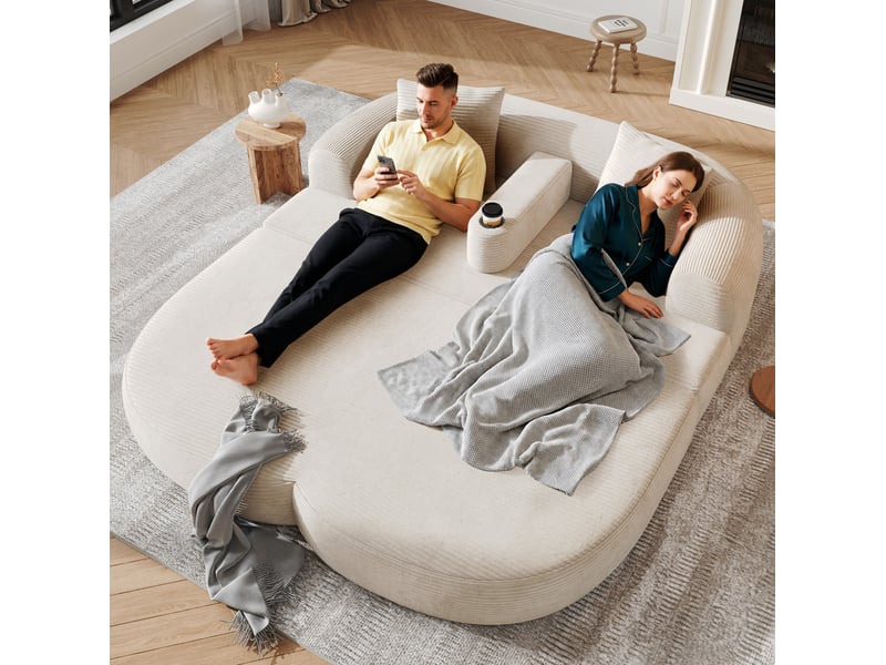  Canape droit pliant 2 places compressé, design 2-en-1, en mousse douce et velours côtelé couleur beige, design moderne  - Conforama E