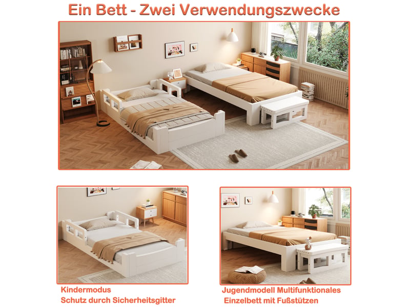  Lit évolutif enfant 90x200cm blanc, lit bas avec barrières ou lit simple avec banquette, structure en pin et sommier à lattes, pratique au quotidien  - Conforama E