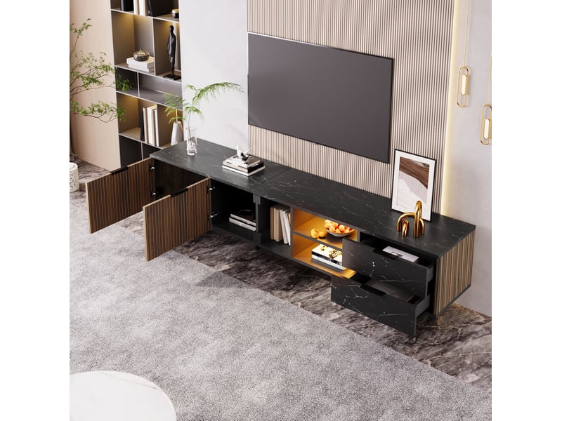  Meuble tv modenvie 200 x 38 x 50 cm avec led multicolore contrôlable par application noir et bois  - Conforama E