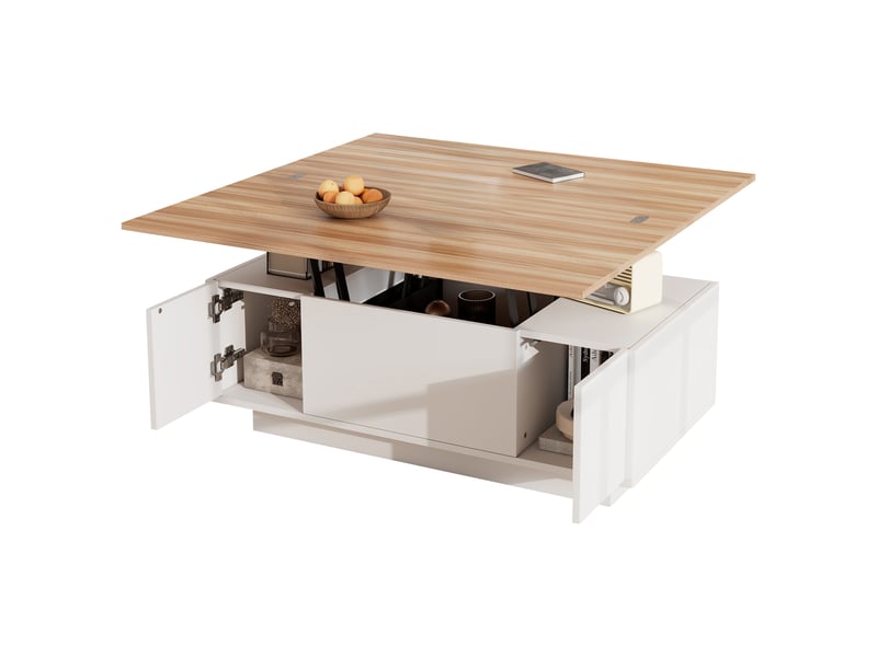  Table basse 100x50x55cm, table de salon avec levage double, espace de rangement caché, 2 portes, aggloméré, blanc+couleur bois  - Conforama A