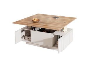 Table basse 100x50x55cm, table de salon avec levage double, espace de rangement caché, 2 portes, aggloméré, blanc+couleur bois