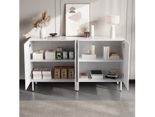 Buffet 140x40x77,5 cm, meuble salon avec 4 portes incurvées 3d, sans poignées, mdf, panneau de particules, blanc