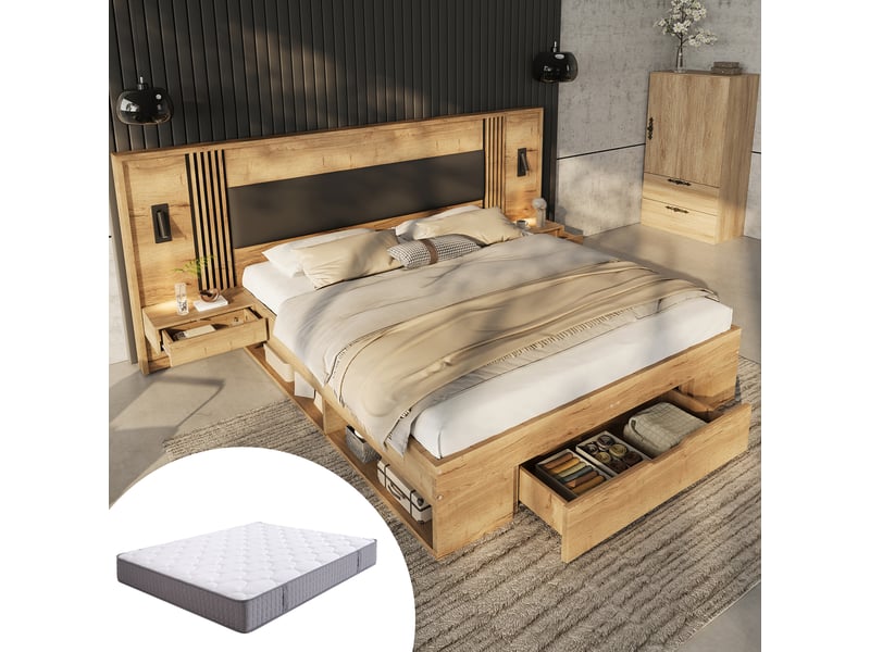 Lit double 160x200 cm en mdf avec rangement, lampe de lecture, 2 tables de chevet, tiroirs, matelas, naturel chicfurn - Conforama B