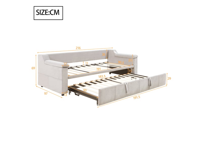 Lit enfant 90-180x190 cm, canapé-lit convertible avec accoudoirs, port usb et sommier, velours, beige, sans matelas - Conforama C
